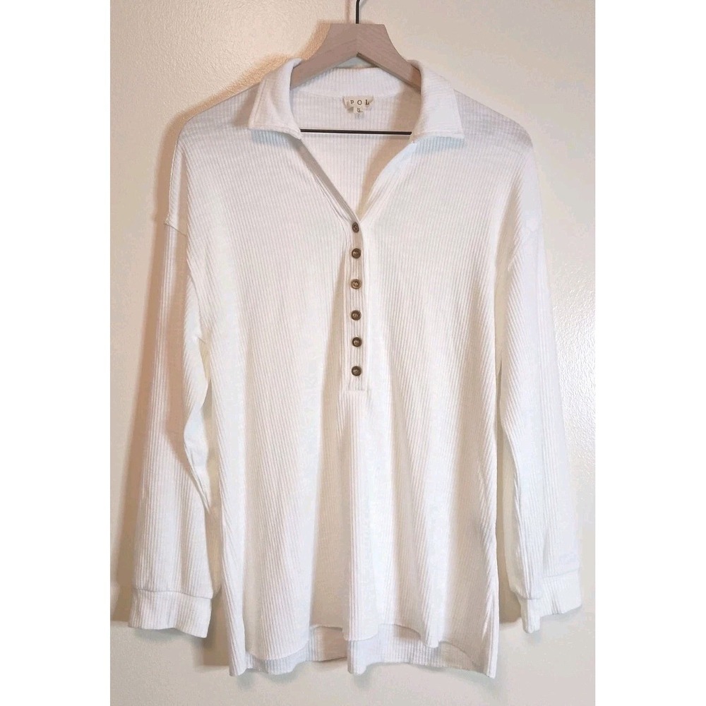POL White Ribbed Henley Top Oversized Collared Long Sleeve Boho Casual Size S‎